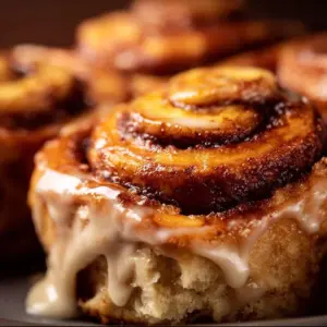 Freshly baked banana cinnamon rolls on a plate with a drizzle of icing