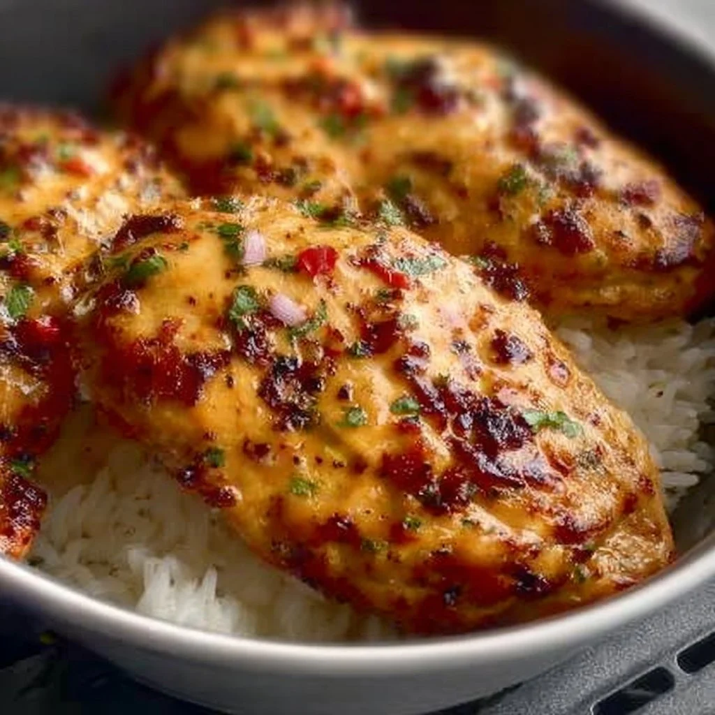 Crispy Bang Bang Air Fryer Chicken garnished with green onions