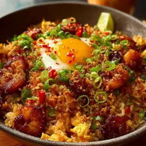 Delicious plate of Bang Bang Fried Rice topped with fresh vegetables and spices.