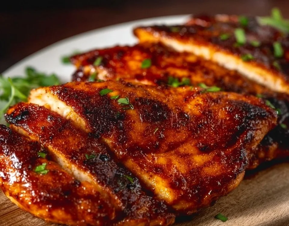Grilled BBQ chicken breast served with sides on a picnic table