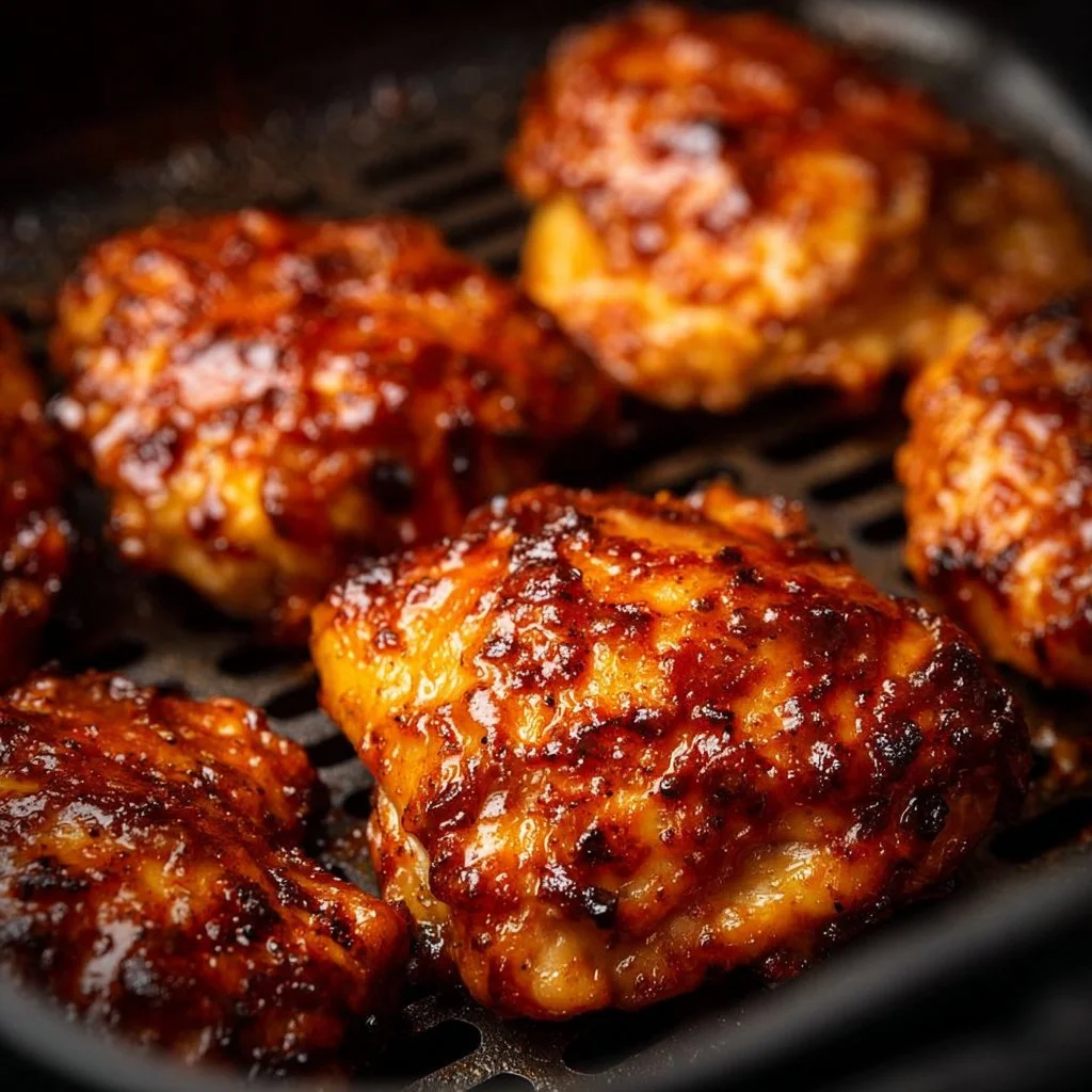 Air fryer BBQ chicken thighs cooked to perfection with crispy skin.