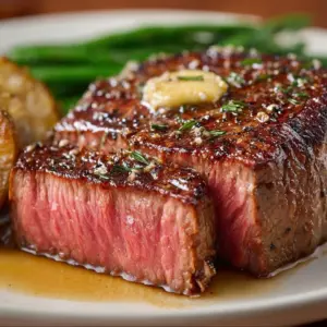 Deliciously cooked air fryer sirloin steak on a plate with herbs