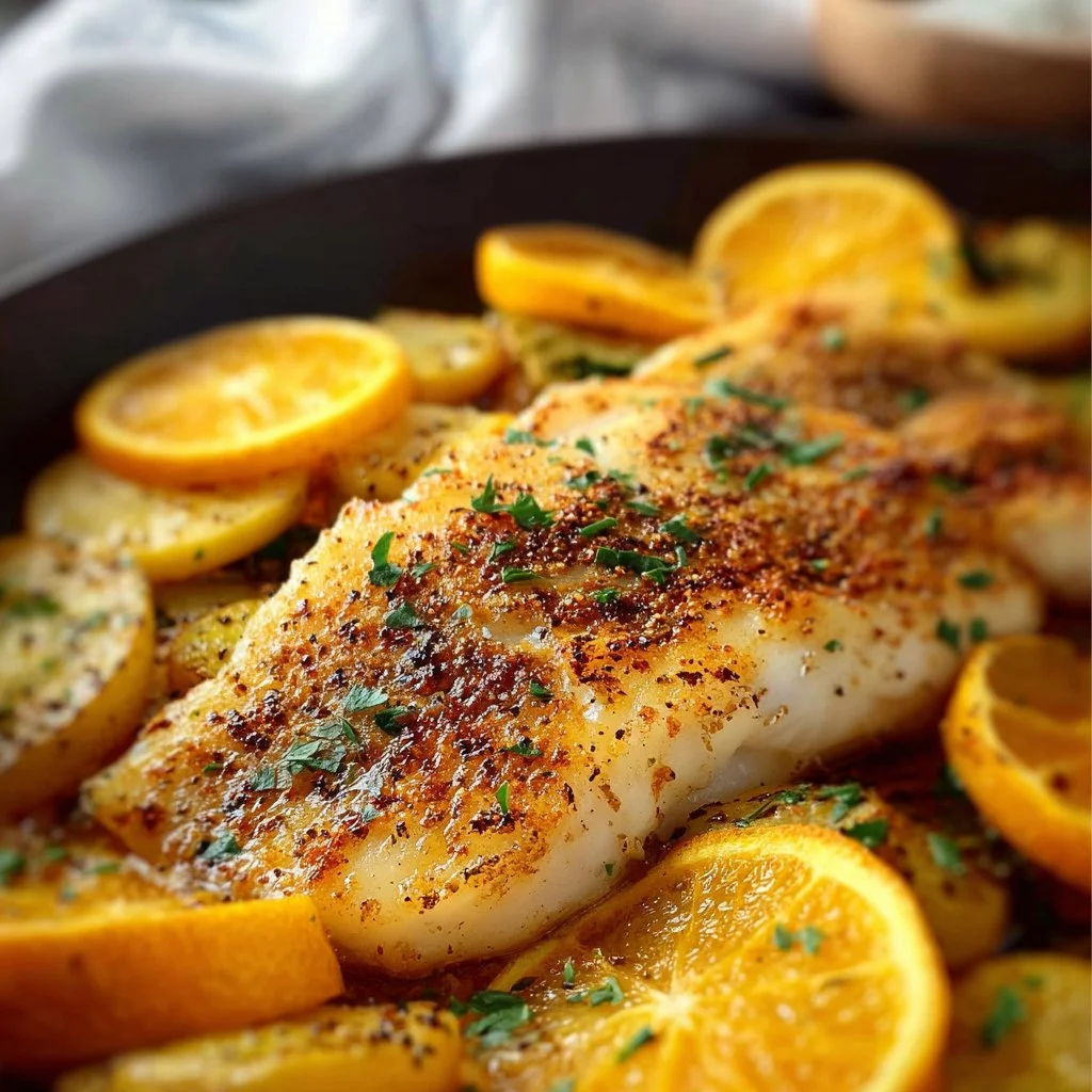 Plate of baked orange roughy garnished with herbs and lemon slices.