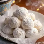 Plate of delicious snowball cookies dusted with powdered sugar