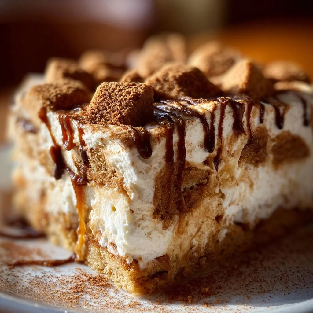 Delicious Biscoff Poke Cake topped with Biscoff frosting and cookie crumbles.