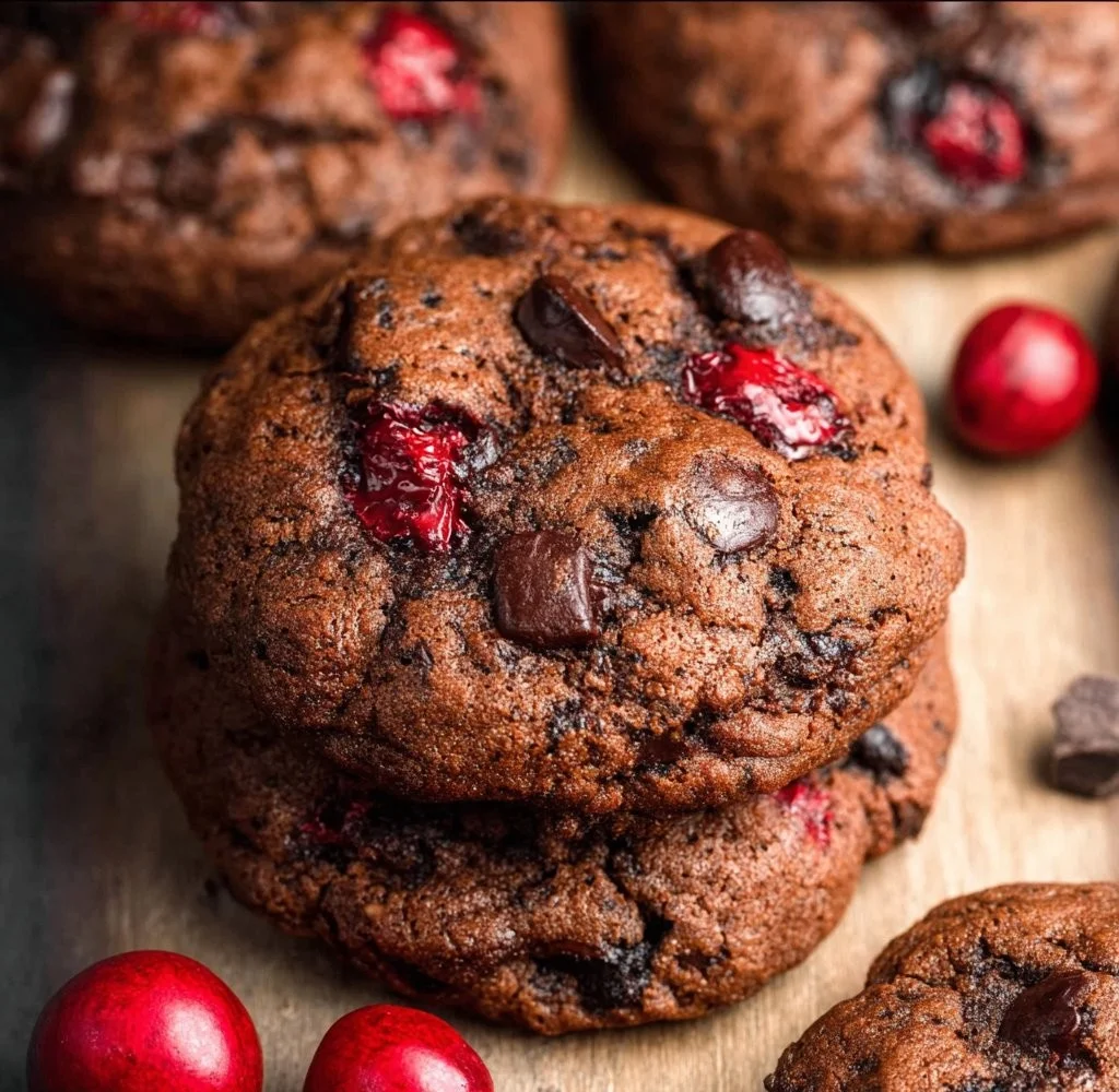 Freshly baked Black Forest Cookies with chocolate and cherry topping