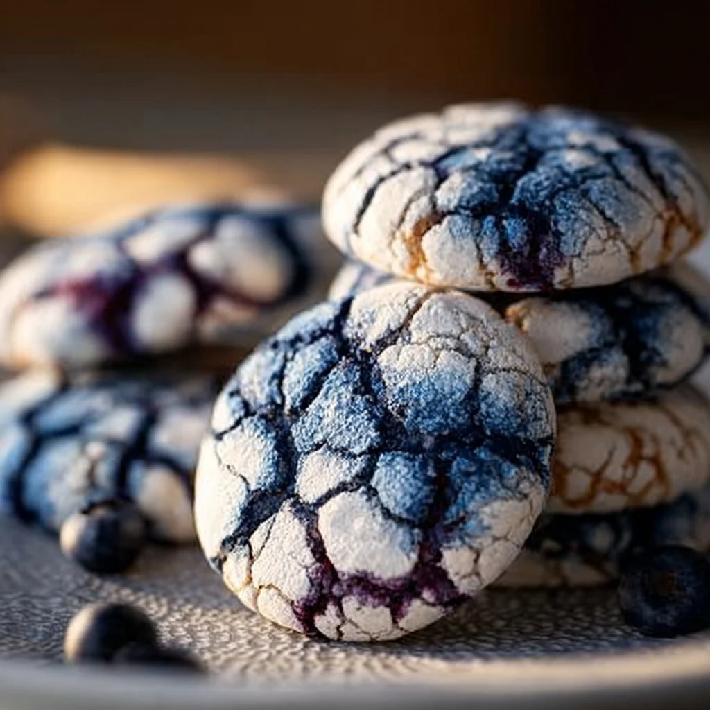 Freshly baked Blueberry Crinkle Cookies with a powdered sugar coating