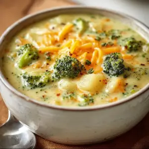 A bowl of creamy Broccoli Potato Cheese Soup topped with fresh herbs.