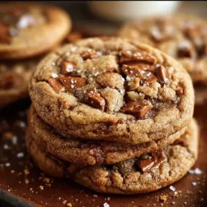 Brown Butter Coffee Toffee Cookies with a rich, golden brown color and shiny toffee bits