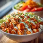 Delicious Buffalo Chicken Bowls garnished with fresh vegetables