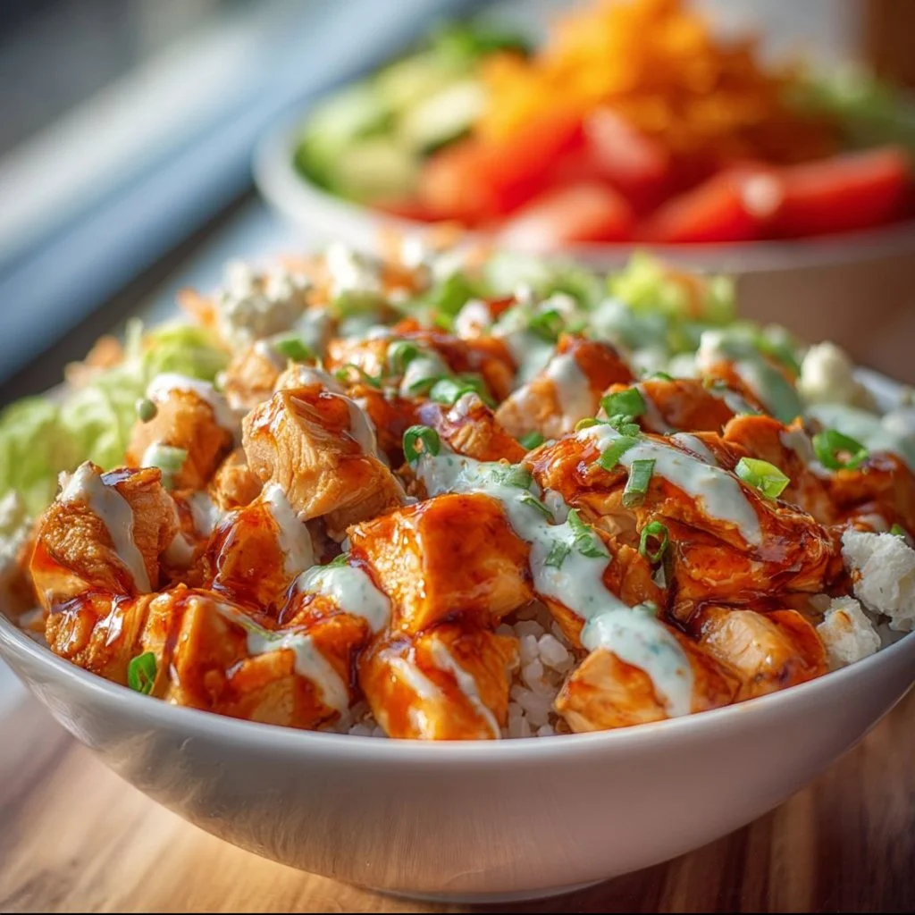 Delicious Buffalo Chicken Bowls garnished with fresh vegetables
