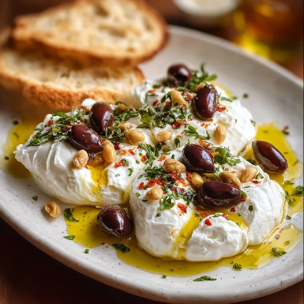 Delicious burrata cheese appetizer served with fresh basil and tomatoes