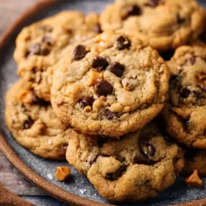 Freshly baked butterscotch chocolate chip cookies on a cooling rack.