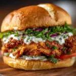 Cajun Crispy Chicken Sandwich with garlic aioli on a wooden plate