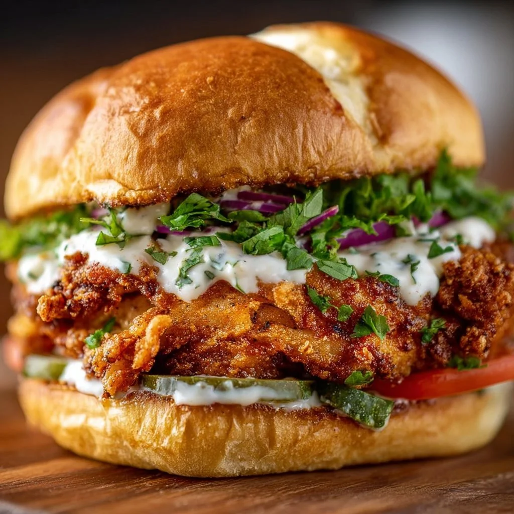 Cajun Crispy Chicken Sandwich with garlic aioli on a wooden plate