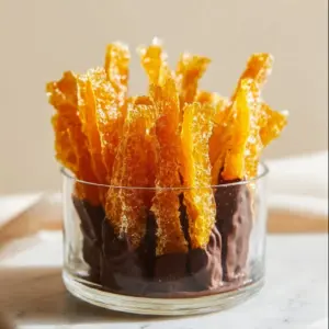 Homemade candied orange peel slices on a wooden surface