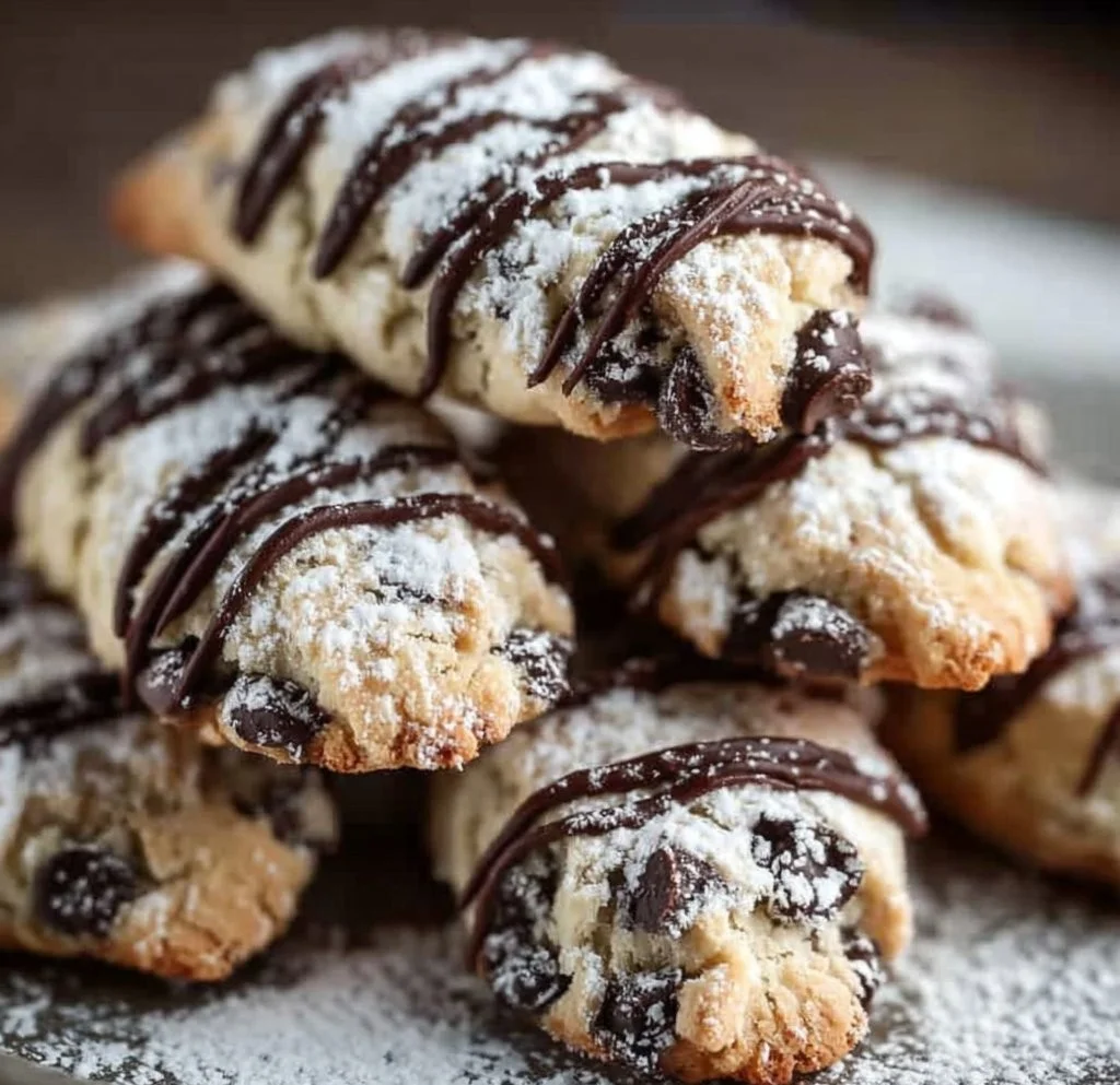 Delicious cannoli cookies with creamy filling and chocolate chips displayed on a plate.