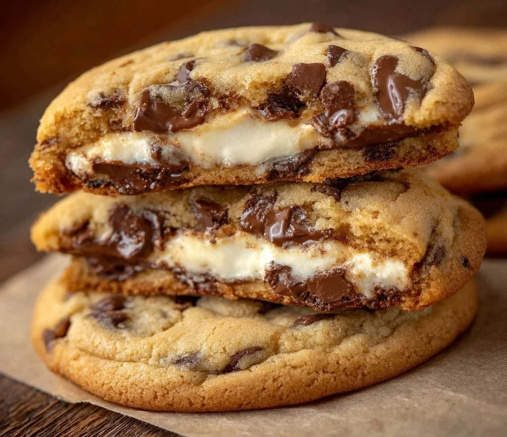 Cheesecake stuffed chocolate chip cookies fresh out of the oven