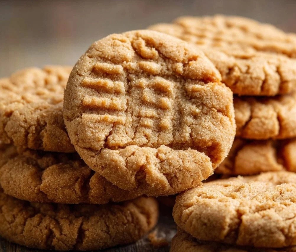 Freshly baked chewy peanut butter cookies on a cooling rack