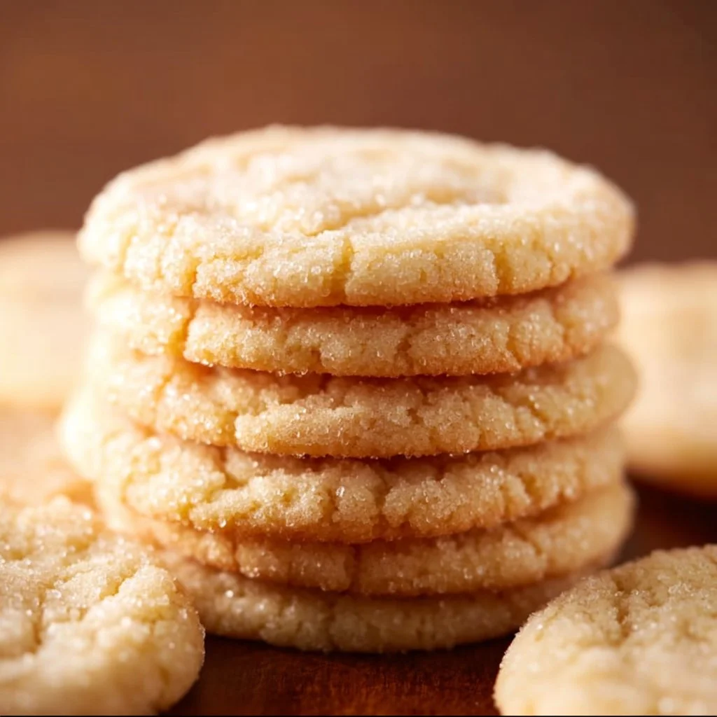 Chewy sugar cookies fresh from the oven with a golden brown top.