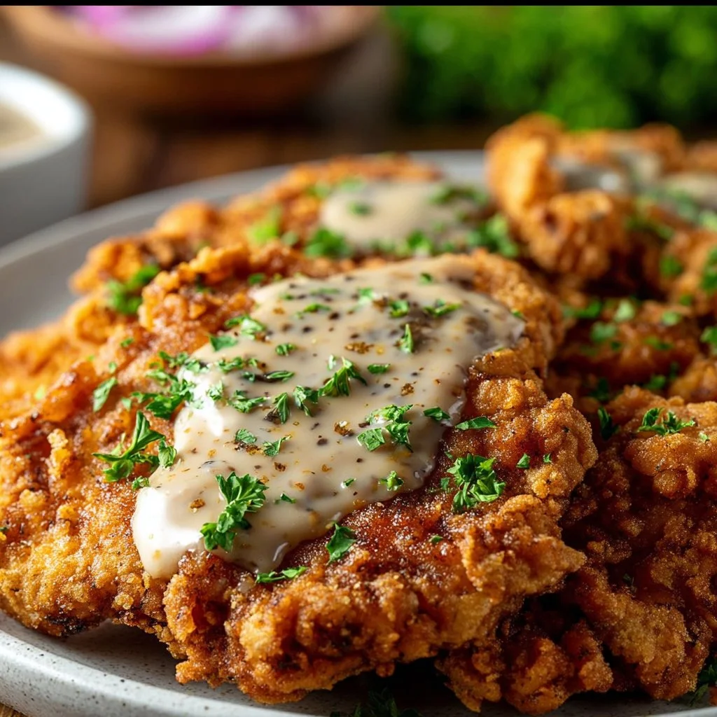Delicious air fryer Chicken Fried Steak served with gravy and sides