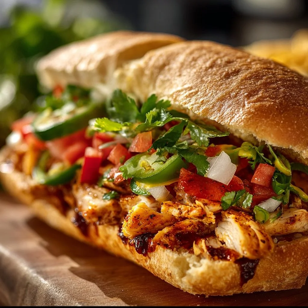 Delicious Chicken Torta Sandwich with grilled chicken, veggies, and sauce