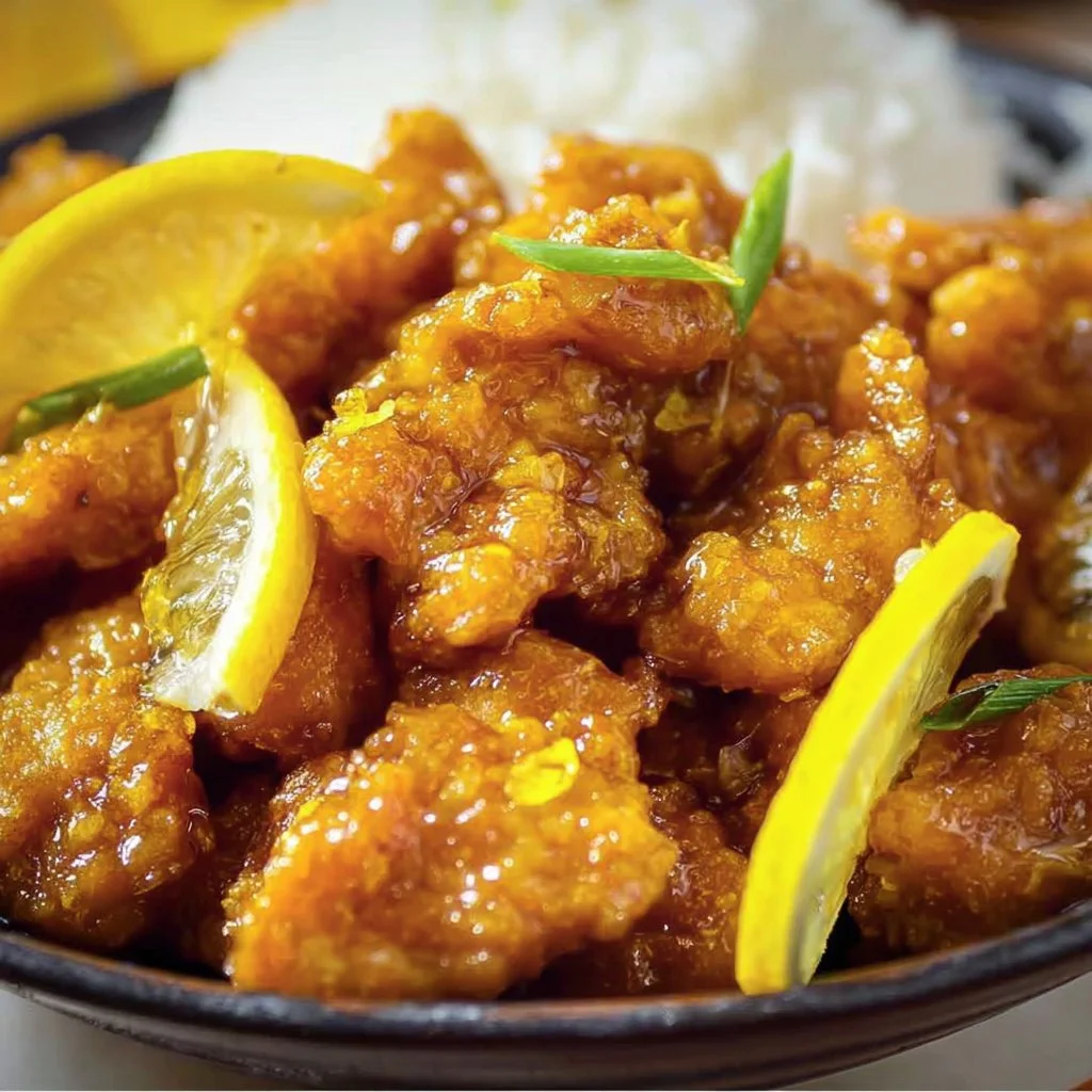 Delicious Chinese Lemon Chicken served on a plate with garnishes