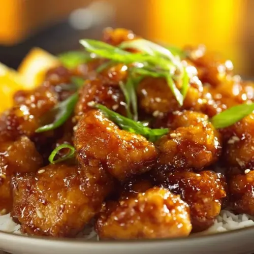 Plate of Chinese orange chicken garnished with green onions and sesame seeds