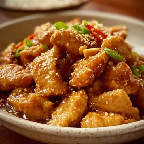 Delicious Chinese peanut butter chicken served with vegetables and rice
