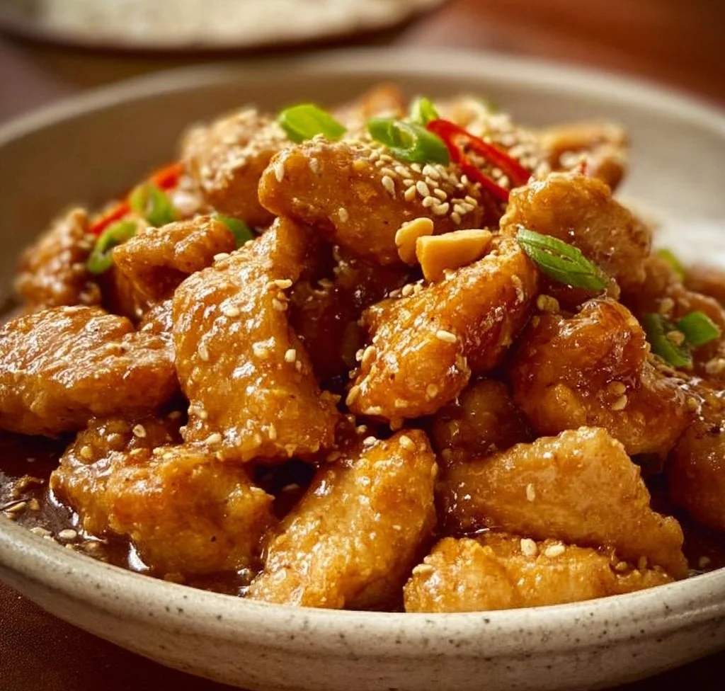 Delicious Chinese peanut butter chicken served with vegetables and rice