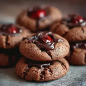 Baked chocolate cherry cookies with chocolate chips and cherries