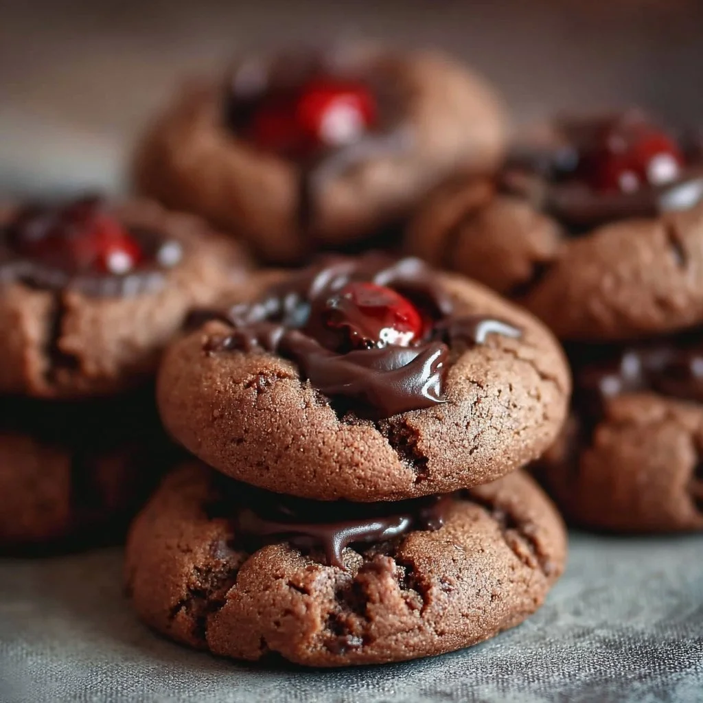 Baked chocolate cherry cookies with chocolate chips and cherries