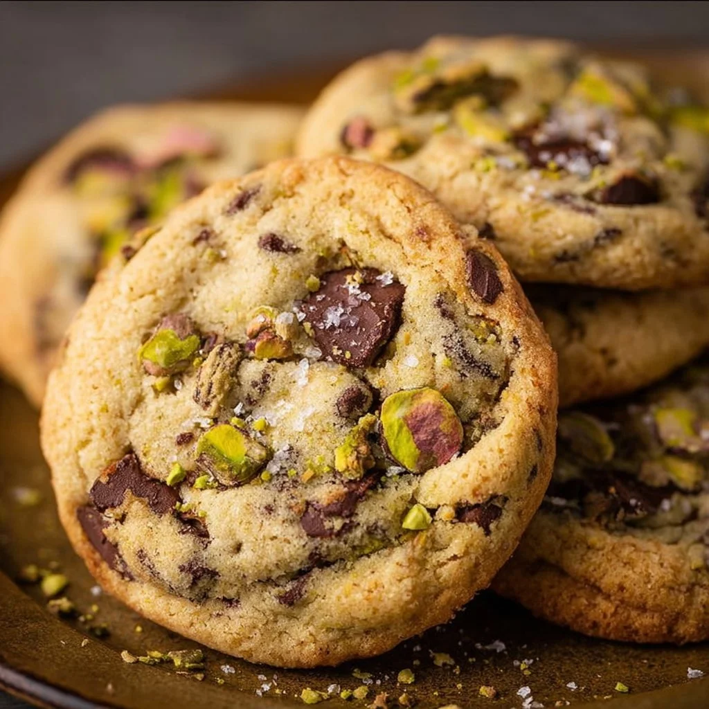 Chocolate chip pistachio cookies on a plate, delicious and homemade.