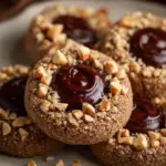 Chocolate hazelnut thumbprint cookies on a baking tray, ready to be enjoyed.