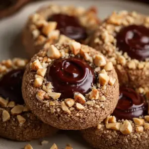 Chocolate hazelnut thumbprint cookies on a baking tray, ready to be enjoyed.