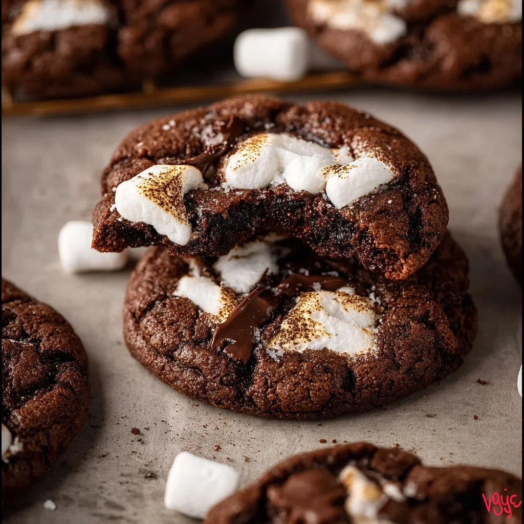 Delicious Chocolate Marshmallow Cookies topped with gooey marshmallows