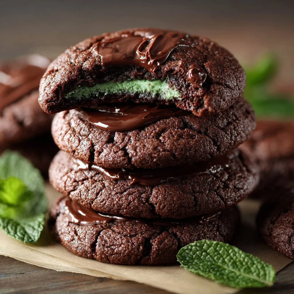 Plate of freshly baked chocolate mint cookies garnished with mint leaves