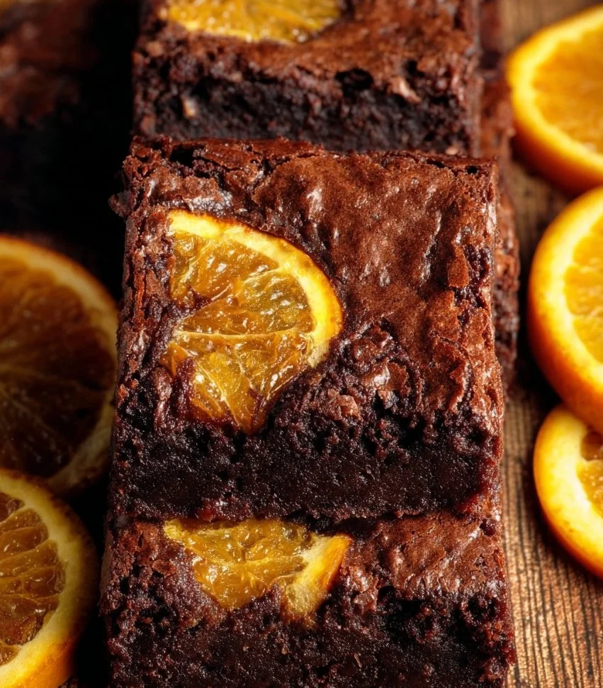 Delicious Chocolate Orange Brownies topped with orange zest and chocolate drizzle