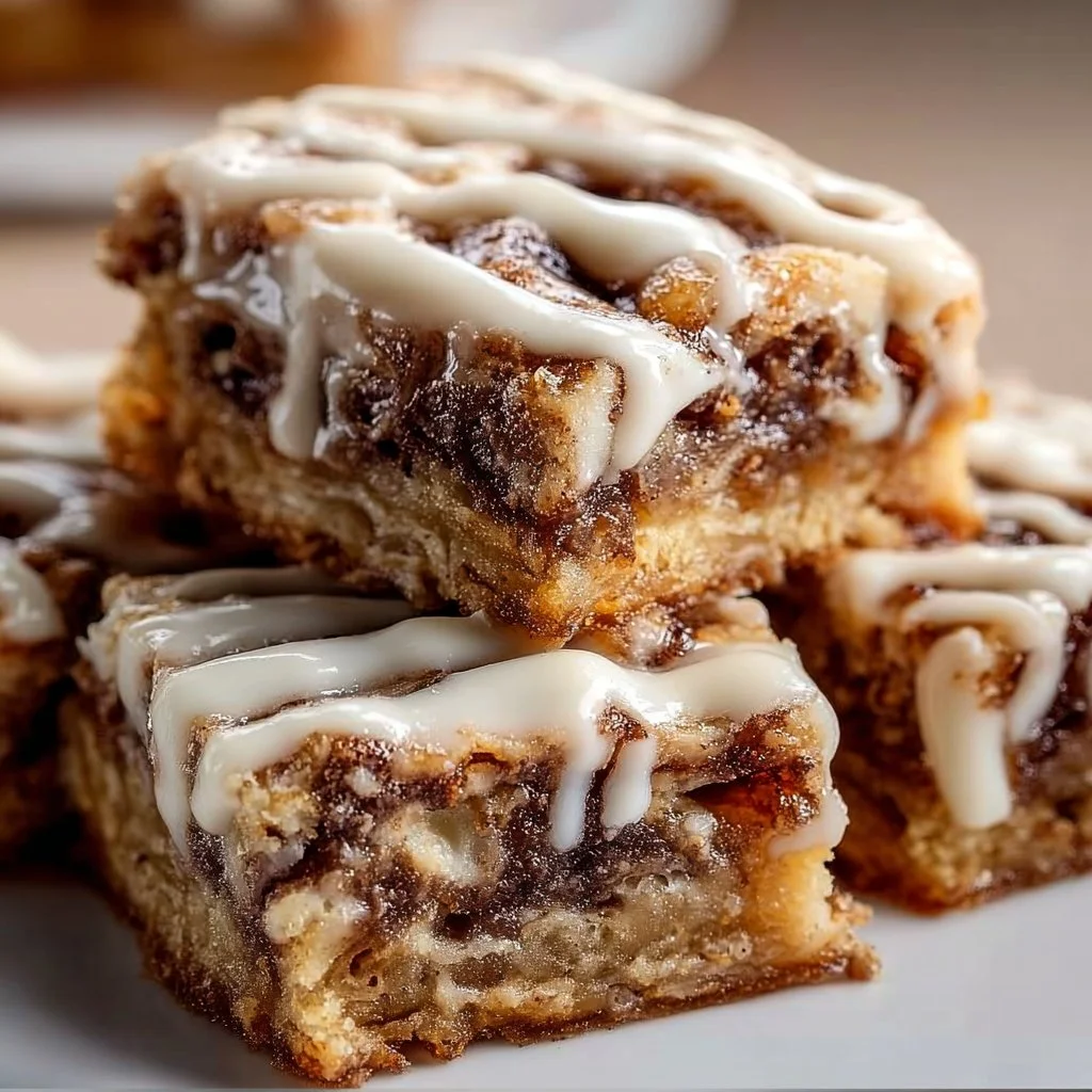 Cinnamon roll bliss bars topped with icing and cinnamon bites