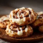 Cinnamon Roll Cheesecake Cookies drizzled with icing on a plate