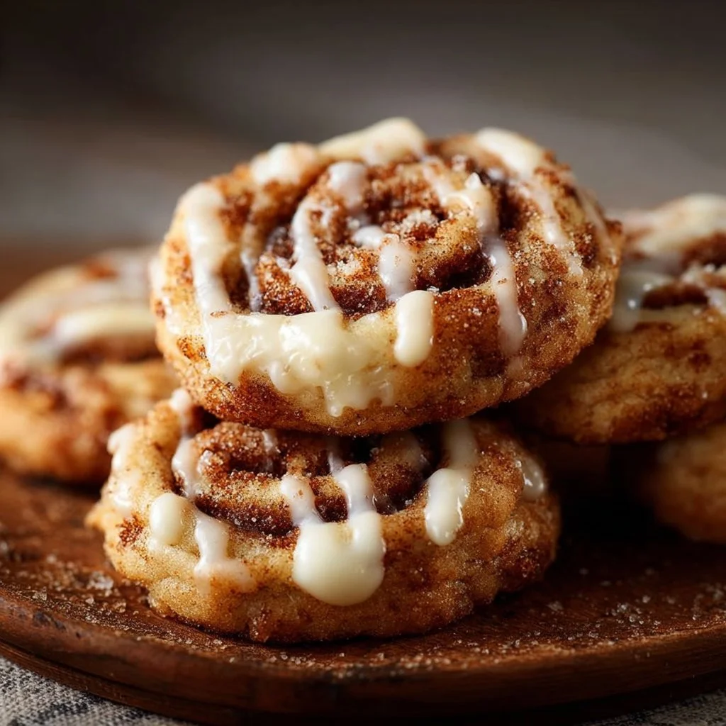 Cinnamon Roll Cheesecake Cookies drizzled with icing on a plate