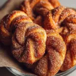 Freshly baked Cinnamon Sugar Twist Donuts with a delightful sugar coating