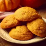 Homemade classic pumpkin cookies on a plate, garnished with spices.