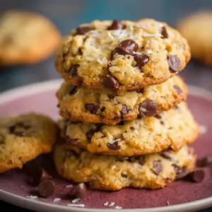 Deliciously baked Coconut Chocolate Chip Cookies with chocolate chips and coconut flakes.