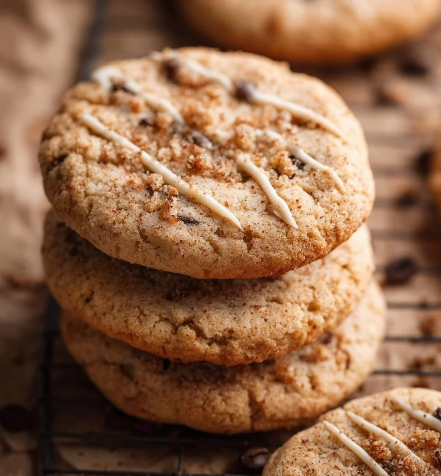 Delicious coffee cake cookies on a white plate with a cup of coffee