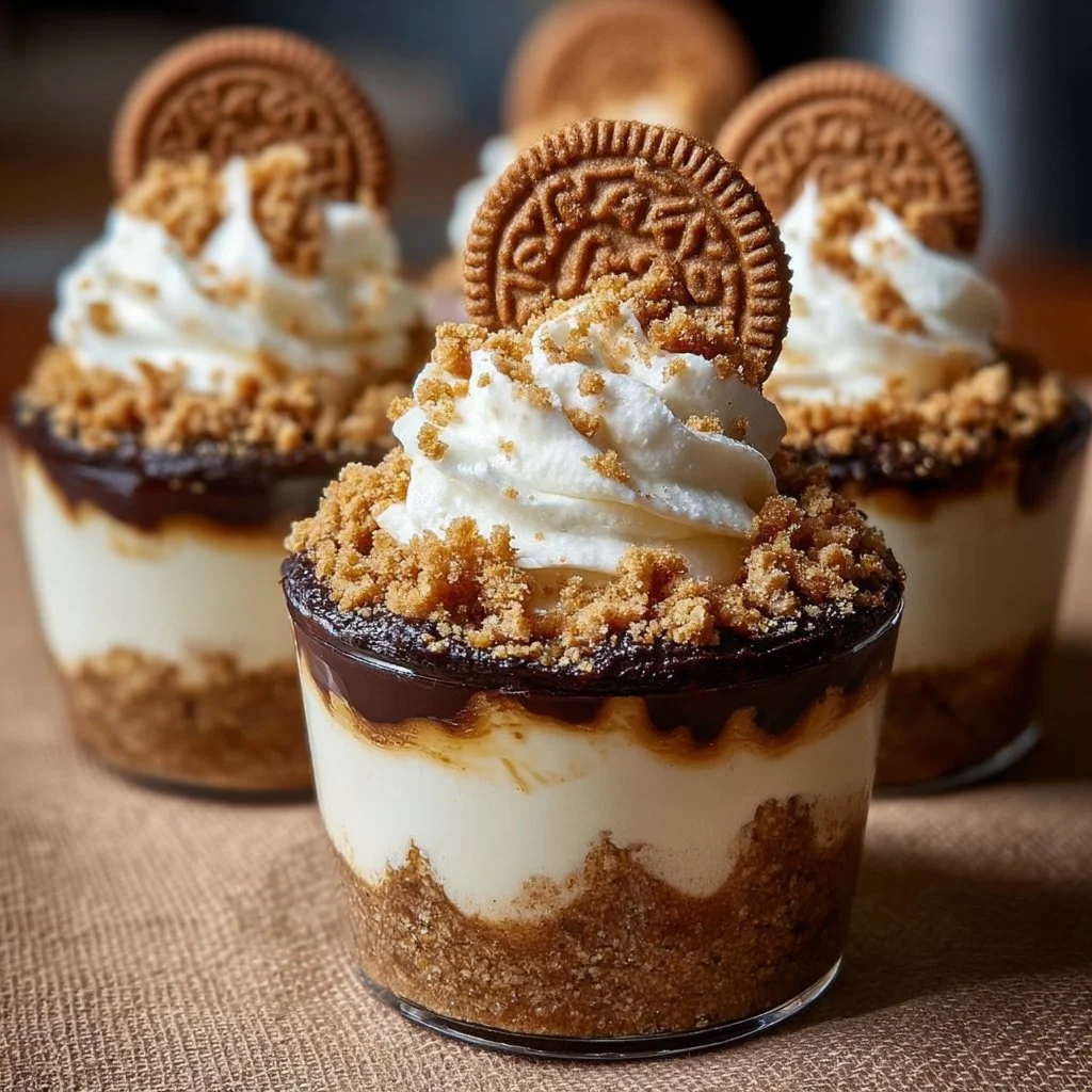 Delicious cookie butter cheesecake cups topped with creamy frosting.