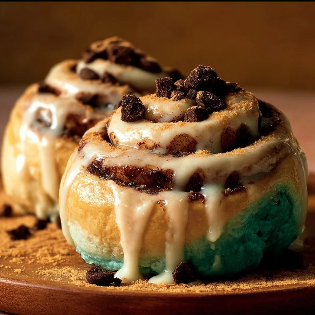 Delicious Cookie Monster Cinnamon Rolls with blue frosting and cookie pieces on top