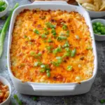 Creamy Cottage Cheese Buffalo Chicken Dip in a serving dish