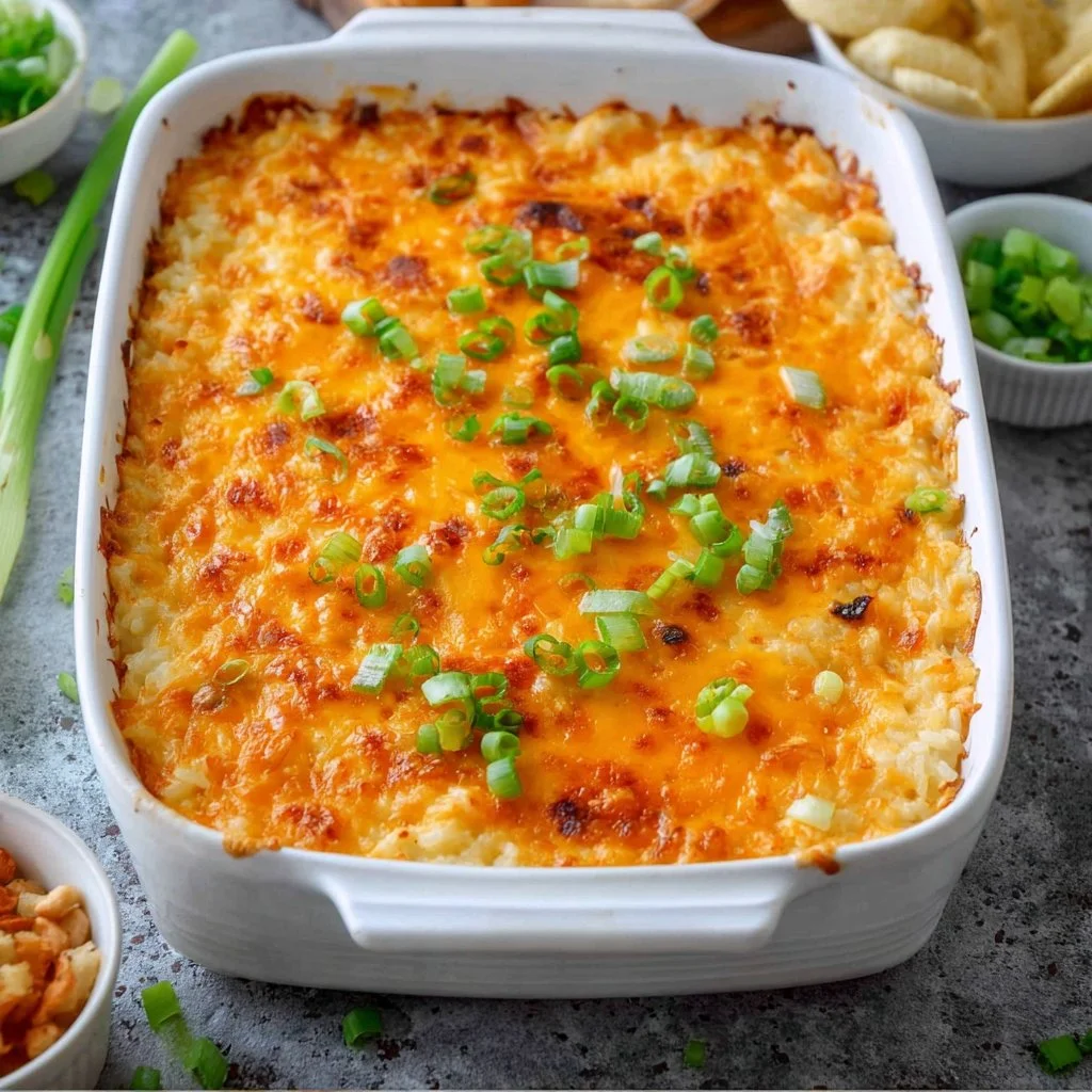 Creamy Cottage Cheese Buffalo Chicken Dip in a serving dish