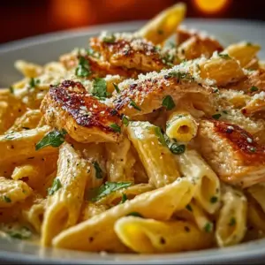 Delicious Crack Chicken Penne served in a bowl topped with herbs.